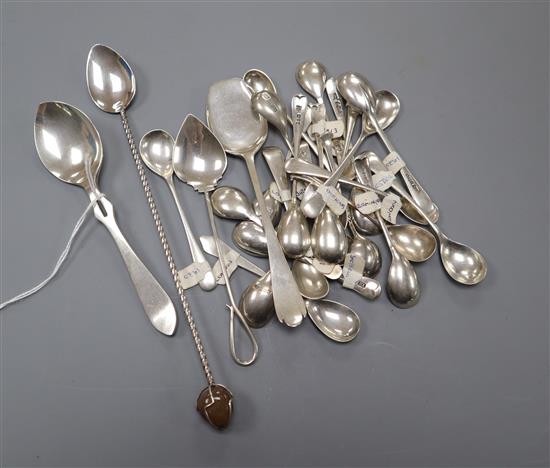 Twenty two assorted mainly 20th century silver condiment spoons and four other spoons including a silver preserve spoon.